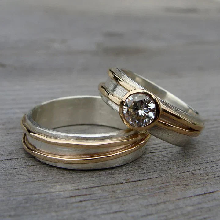 Timeless Elegance: Gold & Silver Vintage Zirconia Ring Duo