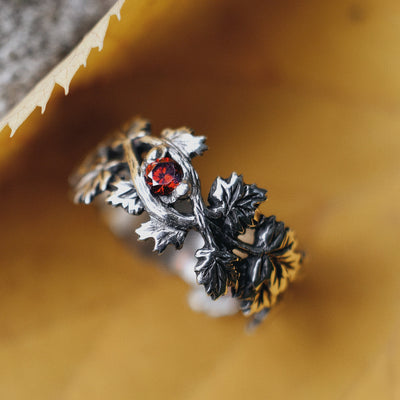 Oxidized Sterling Silver Maple Leaf Ring: Red Cubic Zirconia