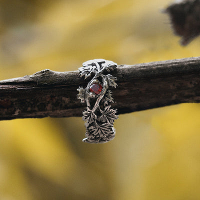 Oxidized Sterling Silver Maple Leaf Ring: Red Cubic Zirconia