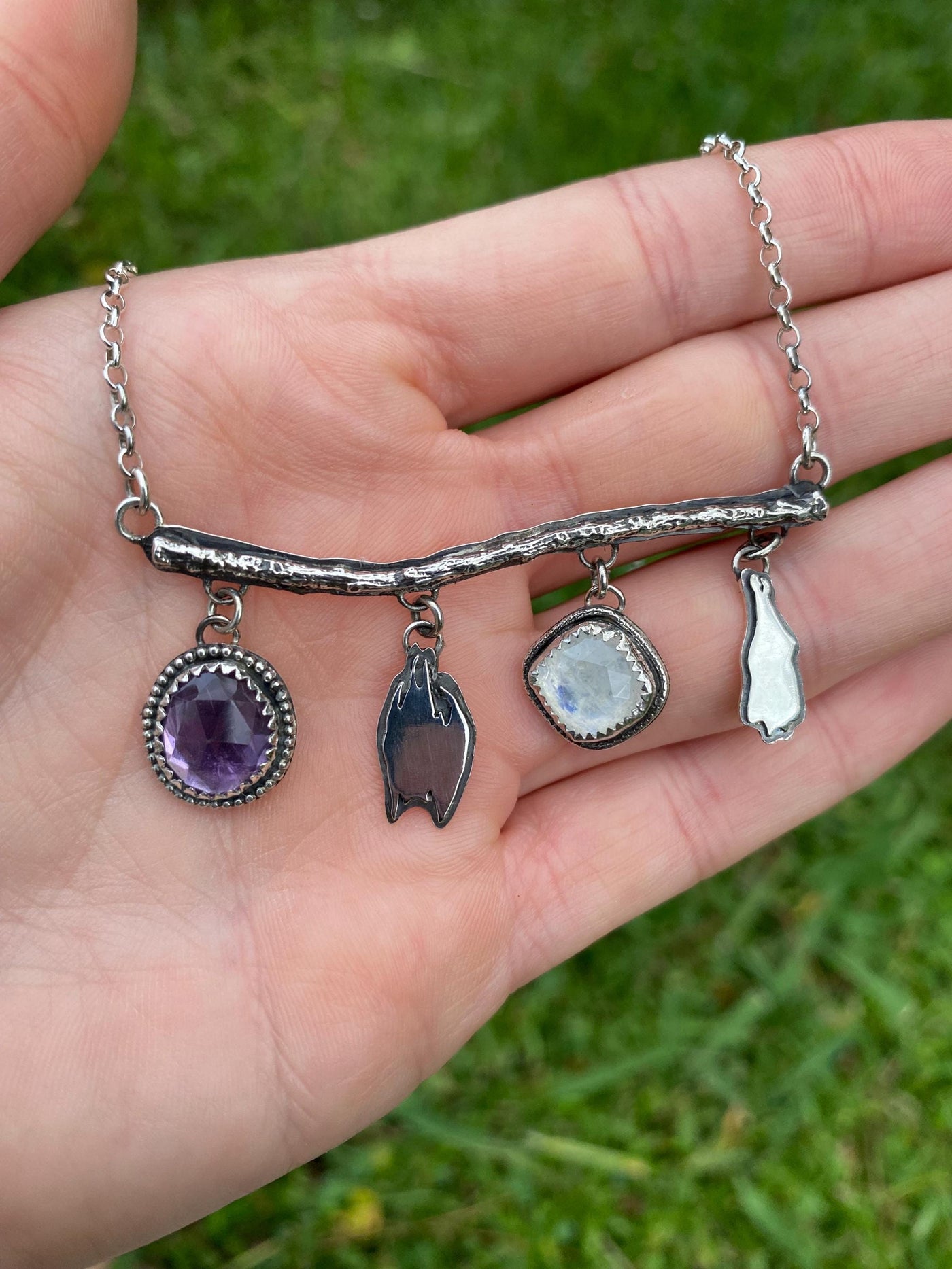 Amethyst Moonstone Hanging Bat Silver Necklace