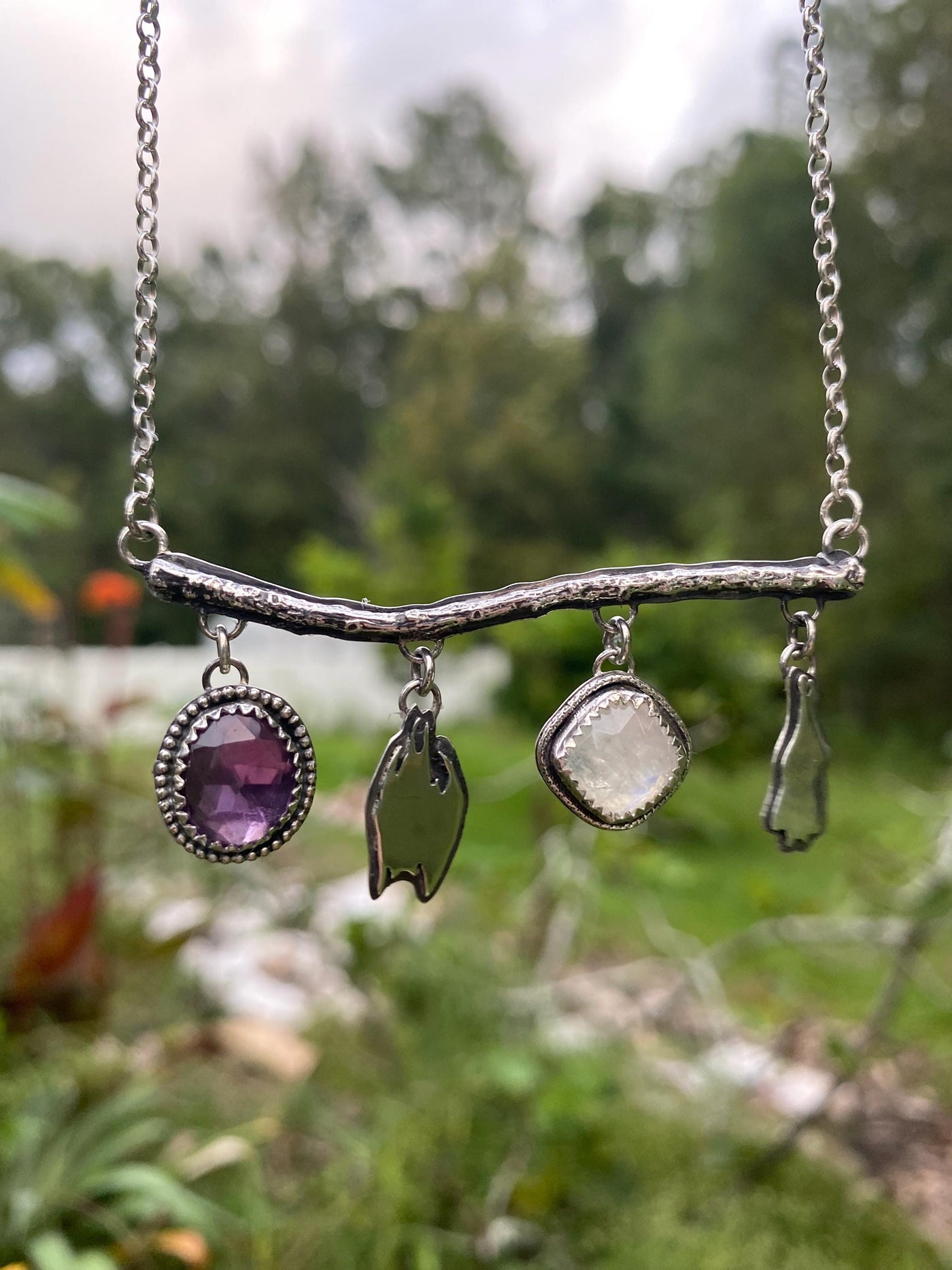 Amethyst Moonstone Hanging Bat Silver Necklace