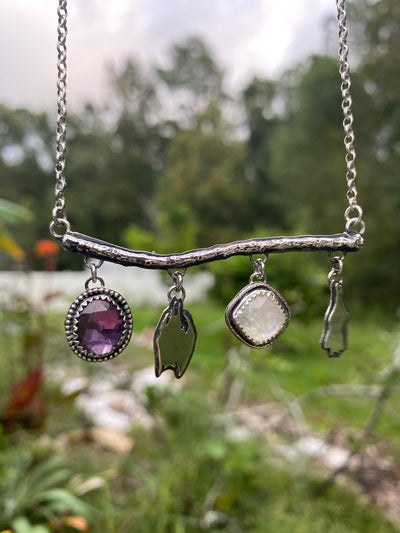 Amethyst Moonstone Hanging Bat Silver Necklace