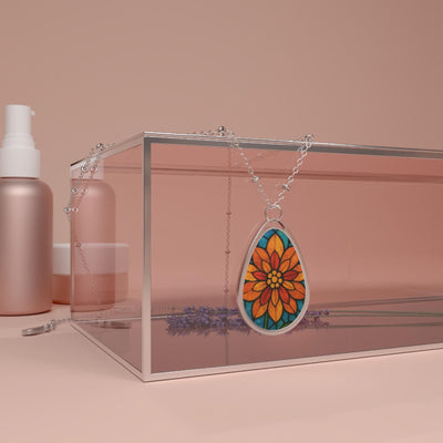Autumn Floral Stained Glass Teardrop Necklace